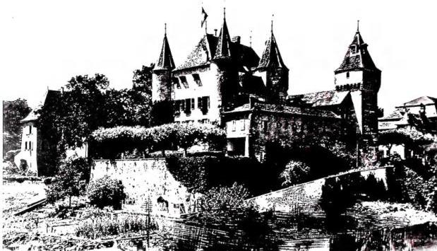 Above: CASTLE OF NYON. Below left: ABBEY OF S. GALLO. Below right: PARISH CHURCH OF S. VITTORE MAURO, founded in 703, restored in 1497-1503. The bell tower is of the 11th cent. - Poschiavo.