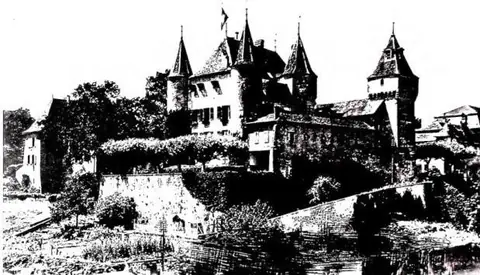 Above: CASTLE OF NYON. Below left: ABBEY OF S. GALLO. Below right: PARISH CHURCH OF S. VITTORE MAURO, founded in 703, restored in 1497-1503. The bell tower is of the 11th cent. - Poschiavo.
