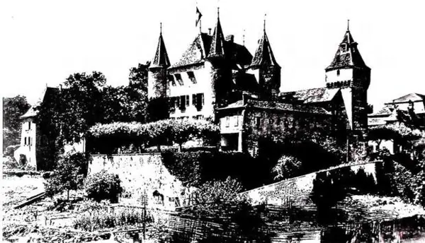 Above: CASTLE OF NYON. Below left: ABBEY OF S. GALLO. Below right: PARISH CHURCH OF S. VITTORE MAURO, founded in 703, restored in 1497-1503. The bell tower is of the 11th cent. - Poschiavo.
