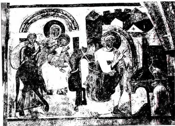 Above: THE FLIGHT INTO EGYPT. Carolingian fresco (late 8th cent.) - Cloister of S. Giovanni di Mùstair. Below: INTERIOR OF THE ABBEY CHURCH of S. Gallo (18th cent.).