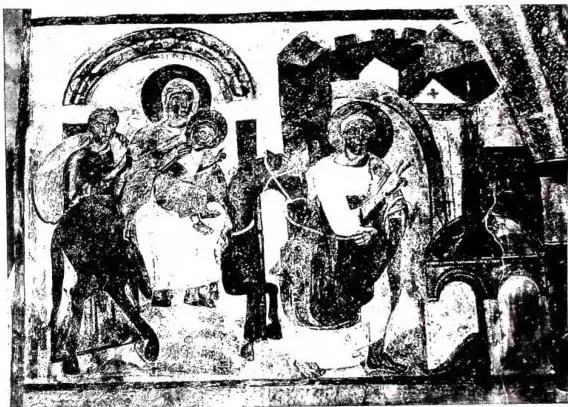 Above: THE FLIGHT INTO EGYPT. Carolingian fresco (late 8th cent.) - Cloister of S. Giovanni di Mùstair. Below: INTERIOR OF THE ABBEY CHURCH of S. Gallo (18th cent.).