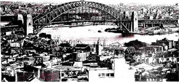 Above: THE GRAND HARBOUR BRIDGE. Below: EUCHARISTIC CONGRESS OF SYDNEY (1928).