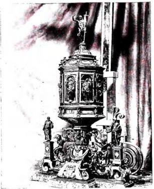 Above left: TABERNACLE by B. Cellini (16th cent.) - Milan, church of S. Antonio Abate. Above right: TABERNACLE in gilded bronze by G. L. Bernini (17th cent.) - Basilica of S. Pietro in Vaticano, chapel of the Sacrament. Below left: TABERNACLE in gilded bronze, executed by G. Scalzo (2nd half of the 16th cent.) after a design by Riccio, with Angels by O. Torrigiani - Rome, basilica of S. Maria Maggiore, chapel of the Sacrament. Below right: TABERNACLE in bronze, executed by Lorenzo di Pietro, called il Vecchietta (1467-72), the two candle-bearing Angels are by Giovanni di Stefano (1489), for the church of the Hospital of S. Maria della Scala - Siena, high altar of the Cathedral.