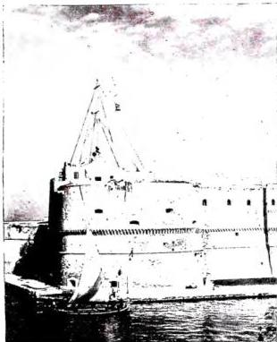 Above left: ANGEVIN CASTLE built by Ferdinand of Aragon in 1480 on previous fortifications. Above right: FACADE OF THE CHURCH OF S. PIETRO IMPERIALI (or S. Domenico Maggiore) of the 14th cent., with later alterations. Below left: INTERIOR OF THE CATHEDRAL (11th cent. with modifications of the 16th-17th cent.). Below right: TRANSEPT ARM OF THE CRYPT after restoration (8th cent.) - Taranto, Cathedral.
