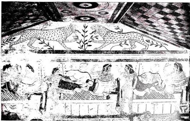 Above: BANQUET SCENE. Fresco from the 5th cent. BC in the Tomb of the Leopards - Tarquinia, area of the Etruscan tombs. Below: INTERIOR OF THE CHURCH OF S. MARIA DI CASTELLO, begun in 1121 - Tarquinia.