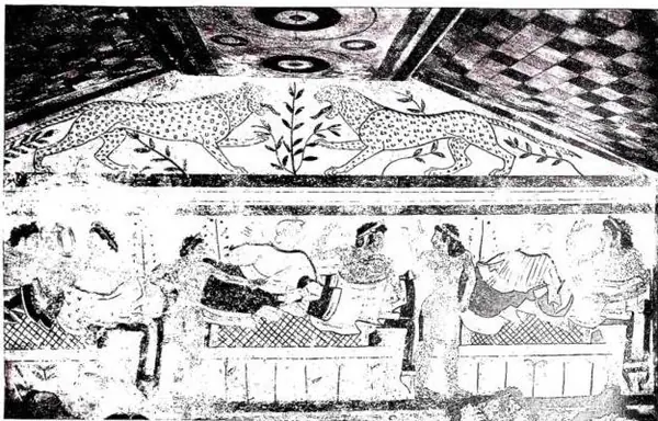 Above: BANQUET SCENE. Fresco from the 5th cent. BC in the Tomb of the Leopards - Tarquinia, area of the Etruscan tombs. Below: INTERIOR OF THE CHURCH OF S. MARIA DI CASTELLO, begun in 1121 - Tarquinia.