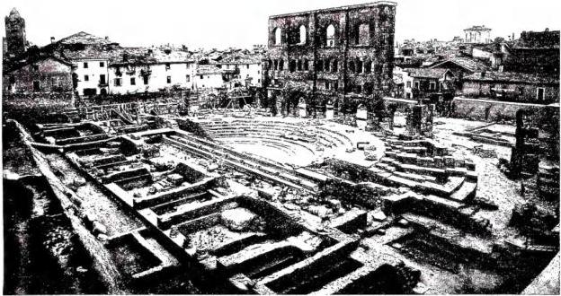 Above: ROMAN THEATRE of the Augustan age: in the foreground the foundations of the stage, in the background the orchestra and the cavea, and, at the far end, part of the perimeter wall - Aosta. Below: THEATRE OF DIONYSUS (early 5th cent. BC) - Athens.