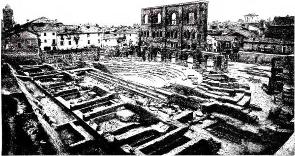 Above: ROMAN THEATRE of the Augustan age: in the foreground the foundations of the stage, in the background the orchestra and the cavea, and, at the far end, part of the perimeter wall - Aosta. Below: THEATRE OF DIONYSUS (early 5th cent. BC) - Athens.