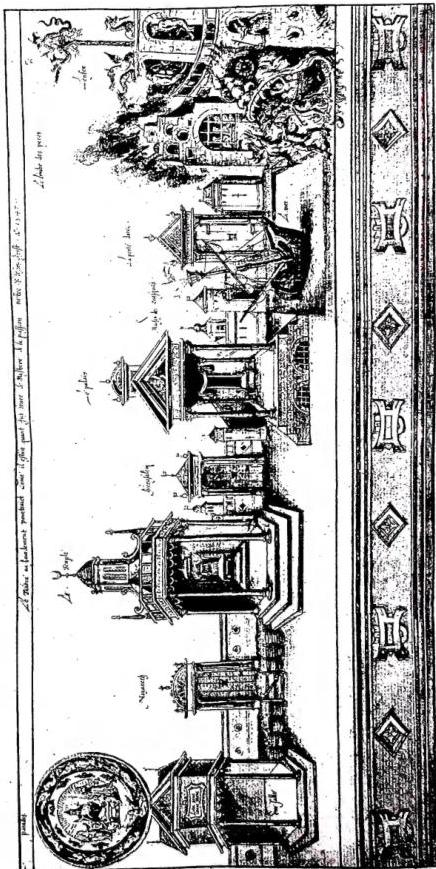 STAGE SETS for the performance of the Mystery of the Passion at Valenciennes (1547).
