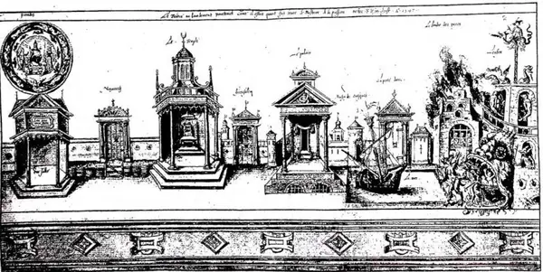 STAGE SETS for the performance of the Mystery of the Passion at Valenciennes (1547). Engraving by Hubert Cailleau and Jacques de Moëles - Paris, Bibliothèque nationale, Rothschild collection.