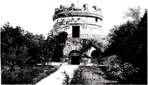 Above: TOMB OF THEODORIC, built ca. 520. The dome is formed of a single piece of Istrian hippuritic limestone; on the twelve projections or handles are carved the names of 10 Apostles and of the Evangelists Mark and Luke - Ravenna. Below: WALL OF CASTS OR LIME, CALLED PALACE OF THEODORIC. This building, apparently erected in the 7th-8th cent., was part of the building complex in the Palace of Theodoric - Ravenna.