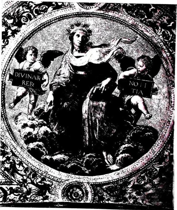THE 'DIVINARUM RERUM NOTITIA'. Personification of theology. Fresco by Raphael in the vault of the Stanza della Segnatura (1508) - Vatican Apostolic Palace.
