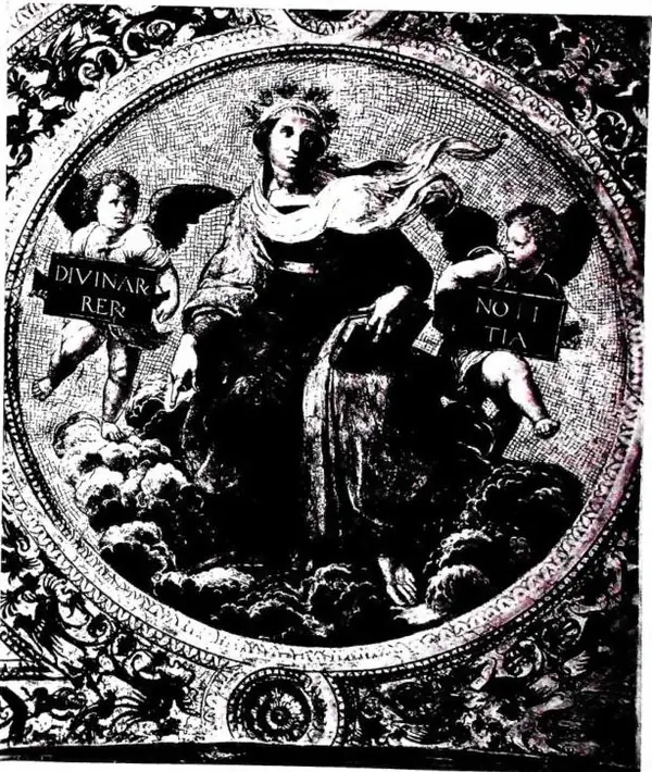 THE 'DIVINARUM RERUM NOTITIA'. Personification of theology. Fresco by Raphael in the vault of the Stanza della Segnatura (1508) - Vatican Apostolic Palace.