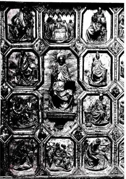Left: THE REDEEMER BLESSING, between Sts. Matthew, Gregory, Luke and Augustine. Above, St. John the Evangelist, Presentation in the Temple and St. Ambrose. Below, St. Mark, Noli me tangere, and St. Jerome. Central part of the silver pallium, work by Nicola da Guardiagre (1433-30) - Teramo, Cathedral