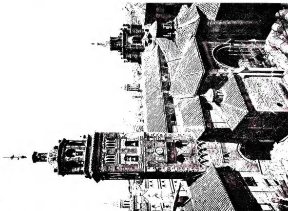Left: DETAIL OF THE BELL TOWER (13th cent.) - Teruel, church of S. Martino. Right: EXTERIOR OF THE CATHEDRAL - Teruel.