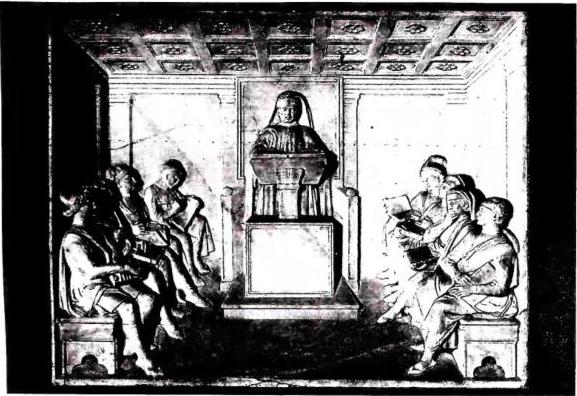 Above: SCHOOLROOM WITH PROFESSOR IN THE CHAIR. Detail of the tomb monument to the jurist Filippo Lazzeri, begun by B. Rossellino in 1462, and completed by A. Rossellino in 1468 - Pistoia, church of S. Domenico. Below: THE MASTER ANGELO TEACHES a group of boys among whom is St. Nicholas of Tolentino. Fresco of the 14th cent. - Tolentino, basilica of S. Nicola, cappellone.