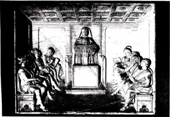 Above: SCHOOLROOM WITH PROFESSOR IN THE CHAIR. Detail of the tomb monument to the jurist Filippo Lazzeri, begun by B. Rossellino in 1462, and completed by A. Rossellino in 1468 - Pistoia, church of S. Domenico. Below: THE MASTER ANGELO TEACHES a group of boys among whom is St. Nicholas of Tolentino.