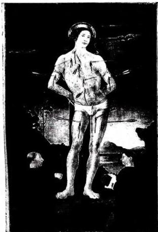Above left: ST. SEBASTIAN AND TWO DONORS. Painting attributed to Antoniazzo Romano (second half of the 15th cent.) - Rome, Museo di Palazzo Venezia. Above right: ST. SEBASTIAN. Painting by Antonello da Messina (c. 1475) - Dresden, Picture Gallery. Below: ST. SEBASTIAN. Sculpture by Antonio Giorgini after a model by G. L. Bernini (17th cent.) - Rome, basilica of S. Sebastiano.