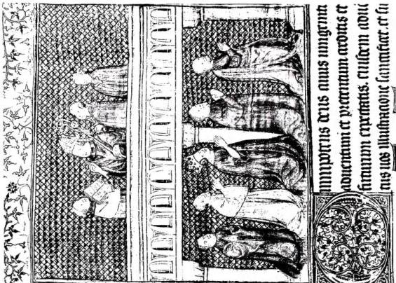 Left: DECORATION OF THE APSE VAULT of the crypt of the cathedral of Auxerre. In the centre Christ mounted on a white horse, at the sides four angels likewise on horseback (late 12th cent.). Right: PONTIFICAL OF THE CHURCH OF SENS (15th cent.). Bishop blessing from an ambo - Brussels, Bibliothèque Royale, no. 9215, f. 1.