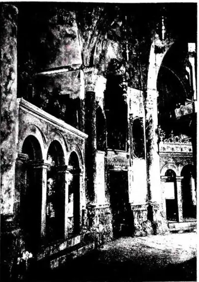 Left: SOUTHERN PART of the medieval ambulatory of the basilica of the Holy Sepulchre. On the left, chapel of the division of the garments; on the right, chapel of the "reproaches" - Jerusalem. Right: THE CALVARY, altar of the Latins. Under the altar can be seen the natural rock protected by glass - 
