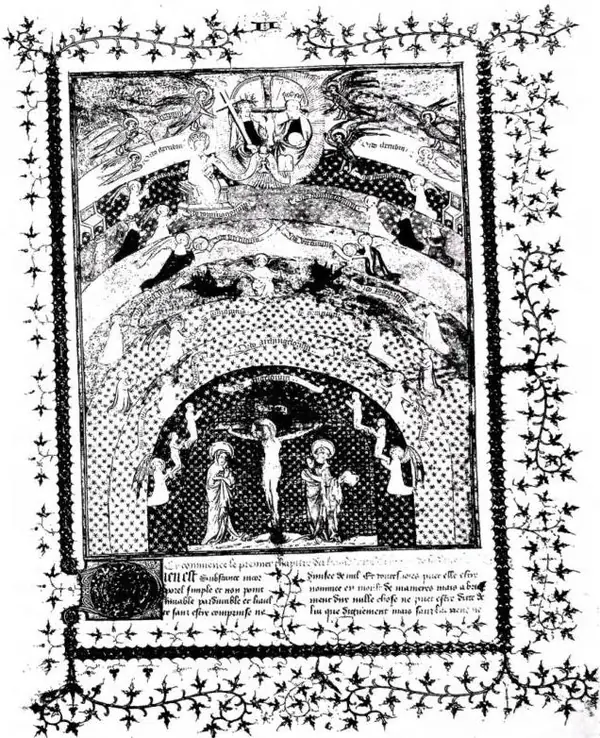 THE NINE ANGELIC CHOIRS. THE SERAPHIM, ILLUMINATED IN RED, OCCUPY THE LAST RED HEAVEN WITH GOLDEN STARS. Miniature of the French school of the first half of the 15th cent., placed at the beginning of Book II of Le miroir historial by Vincent of Beauvais, translated by Jean de Vignay - Biblioteca Vat