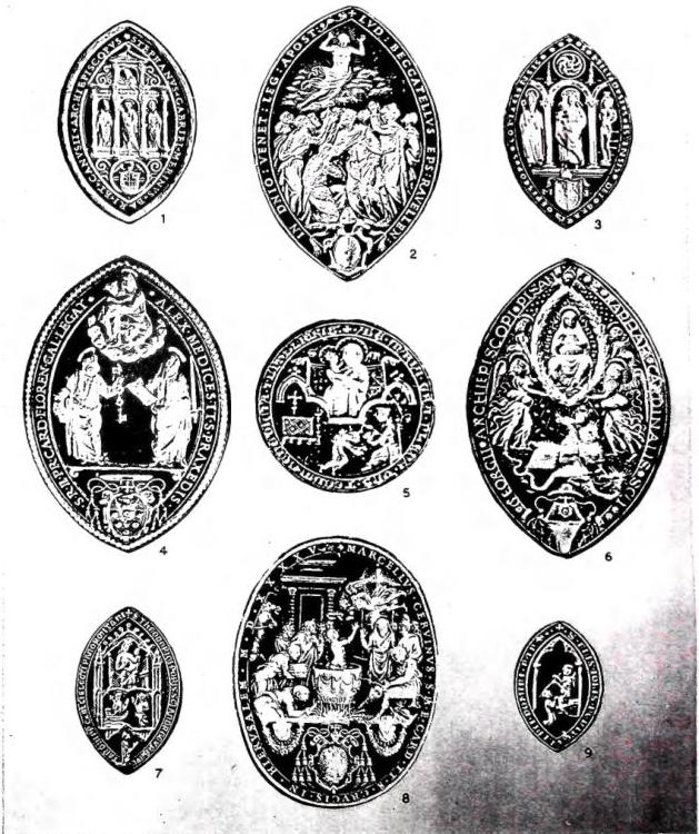 ECCLESIASTICAL SEALS OF THE 13TH-16TH CENTURIES: 1. of Stefano G. Merino, archbishop of Bari; 2. of Ludovico Beccatelli, apostolic legate (1552); 3. of the bishop of Comacchio; 4. of Alessandro de' Medici, card. and legate; 5. "Ave Maria,, etc. (it is one of the very rare seals with the scene of monastic profession); 6. of Raffaelle card. and archbishop of Pisa; 7. of a bishop "elect": Teodorico, prior of S. Andrea di Orvieto and chaplain of the Pope, "elect of Palermo" (the figure of the titular does not yet bear the episcopal attributes); 8. of card. Marcello Cervini (1545), later pope Marcello II; 9. of fra' Giacomo, pontifical penitentiary (the titular has the "virga correctionis", sign of the office) - Palazzo Venezia, Corvisieri collection.