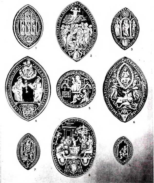 SIGILLI ECCLESIASTICI DEI SECC. XIII-XVI: 1. di Stefano G. Merino, arciv. di Bari; 2. di Ludovico Beccatelli, legato apost. (1552); 3. del vescovo di Comacchio; 4. di Alessandro de' Medici, card. e legato; 5. "Ave Maria,, ecc. (è uno dei rarissimi sigilli con la scena della professione monastica); 6