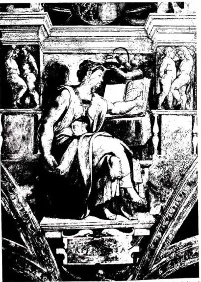 Left: ERYTHRAEAN SIBYL. Fresco by Michelangelo, vault of the Sistine Chapel. Right: CUMEAN SIBYL. Fresco by Andrea del Castagno (ca. 1440) - Florence, former Convent of S. Apollonia.
