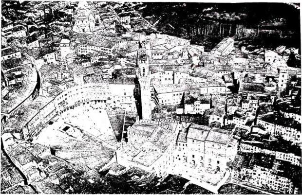 Above: AERIAL VIEW WITH THE PIAZZA DEL CAMPO.