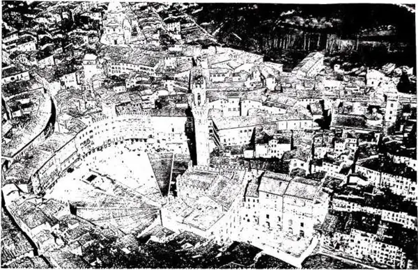 Above: AERIAL VIEW WITH THE PIAZZA DEL CAMPO. Below: AERIAL VIEW WITH THE CATHEDRAL.