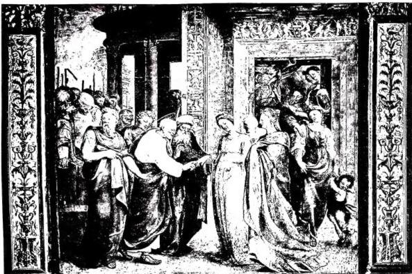 Above: MARRIAGE OF THE VIRGIN. Fresco by D. Beccafumi (1518-32) - Siena, upper chapel of the oratory of S. Bernardino. Below: CONCERT AFTER DINNER. Painting by R. Manetti (1570-1639) - Siena, Palazzo Chigi Saracini.
