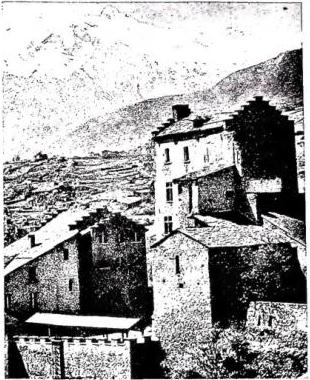 Above left: THE MAJORIE AND THE SÉNÉCHALIE of Sion. Above right: CHAPEL OF OGNISSANTI (1325) - Sion. Below: VIEW OF THE CITY with the castle (13th cent.) of Tourbillon and the fortified church (12th cent.) of Valère.