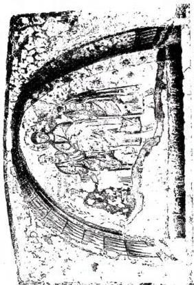 Above left: FACADE OF THE CHURCH OF S. GIOVANNI ALLE CATACOMBE (4th-5th cent.). Above right: ARCOSOLIUM OF MARCIA, Christ between Peter and Paul. Left: Marcia, greenfiesta (the name and age of the defunct are indicated in the inscription on the side, while the fragment of inscription on the front of the arcosolium contains the invocation to the Saviour). Fresco from the mid-4th cent. - Syracuse, Catacomb of Cassia. Below left: CUBICULUM WITH FLORAL DECORATION from the 2nd half of the 3rd cent. - Syracuse, Catacomb of Cassia. Below right: CRYPT OF S. MARZIANO, in the Catacombs of S. Giovanni (4th-6th cent.). Surroundings of Syracuse.