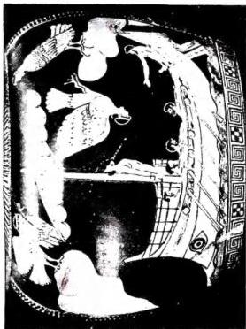 Above left: EPISODE OF ULYSSES with a siren, bird-woman, who are the syrinx. Mosaic of the 2nd cent. AD, from Tor Marancia, near the cemetery of Domitilla - Vatican Museums, Braccio Nuovo. Above right: EPISODE OF ULYSSES with three sirens, bird with woman's head, one of which is falling into the sea. Detail of an Attic red-figure vase (late 6th cent. - early 5th cent. BC) - London, British Museum. Below left: EPISODE OF ULYSSES with three sirens, mulierbi figures seated on rocks in the act of playing. Etruscan cinerary urn (3rd cent. BC) - Volterra, Museo Guarnacci. Below right: SIREN, MERMAID. Panel of the 13th cent. - Modena, Cathedral, south wall, above the little loggias.