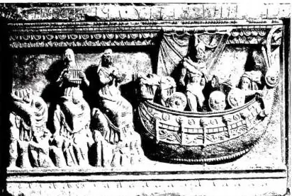 Above left: EPISODE OF ULYSSES with a siren, bird-woman, who are the syrinx. Mosaic of the 2nd cent. AD, from Tor Marancia, near the cemetery of Domitilla - Vatican Museums, Braccio Nuovo. Above right: EPISODE OF ULYSSES with three sirens, bird with woman's head, one of which is falling into the sea