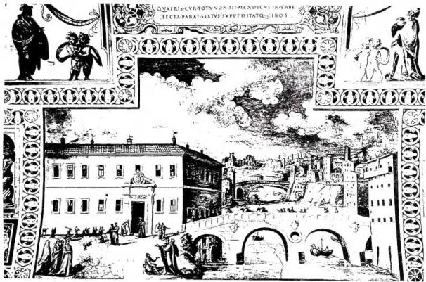 Above: PONTE SISTO, built by Baccio Pontelli under Sixtus IV and the hospital of the beggars, founded by Sixtus V in 1587 and built by Domenico Fontana - Rome. Below: CORONATION OF SIXTUS V (1585), in the background the new Basilica of S. Pietro under construction. Frescoes of the «Salone Sistino» of the Vatican Library, executed by Giovanni Guerra and Cesare Nebbia (1588-89).