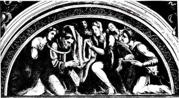 In alto: LA MADONNA RIVESTE S. ILDEFONSO DI TOLEDO DELLA PIANETA. Affresco nella cappella degli Spagnoli - Siena, chiesa di S. Spirito. In basso: PRESENTAZIONE DELLA VERGINE AL TEMPIO. Particolare degli affreschi (1518-32) nella cappella sup. dell'oratorio di S. Bernardino - Siena.
