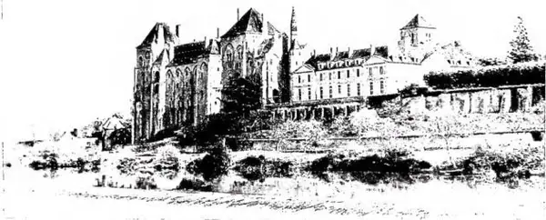 In alto: VEDUTA DELL'ABBAZIA, lato prospiciente il fiume Sarthe. In basso a sinistra: SEPOLCRO DELLA VERGINE in pietra locale (ca. 1550) - Solesmes, chiesa abbaziale. In basso a destra: SEPOLCRO DI NOSTRO SIGNORE, in pietra locale (fine del sec. xv) - Solesmes, chiesa abbaziale.