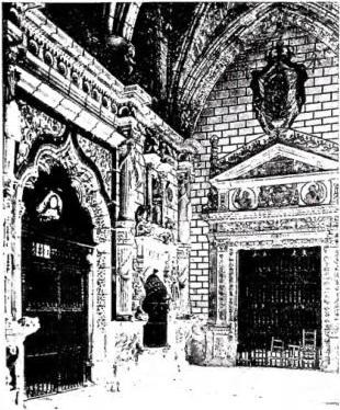 Above left: ENTRANCE TO THE CHAPELS OF THE MUÑOZ AND OF THE CABALLEROS (17th cent.) - Cuenca, Cathedral. Above right: INTERIOR OF THE CATHEDRAL of Valladolid, built to a design by Juan de Herrero (16th cent.). Below left: INTERIOR OF THE CHURCH of S. Giacomo, architecture of the 16th cent. with decorations of the 17th-18th cent. - Cadiz. Below right: INTERIOR OF THE CATHEDRAL of Cadiz, begun on 3 May 1722.