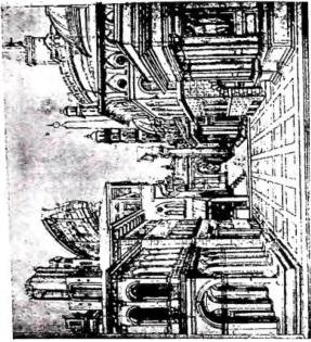 In alto a sinistra: SCENOGRAFIA DI UNA PIAZZA MONUMENTALE. Disegno di G. B. Feranzi (1720-78). In alto a destra: SCENOGRAFIA CLASSICA CON PIAZZA E ROVINE. Disegno di B. Feranzi (1481-1536) - Firenze, Uffizi, Gabinetto dei disegni e delle stampe. In basso a sinistra: SCENA PER L'ATTO I° DEL SIGFRIDO. Disegno di A. Appia (1862-1928). In basso a destra: SCENA PER IL PROCESSO DI KAFKA-GIDE, al Teatro dell'Università di Roma (1949). Disegno di E. Frampolini.