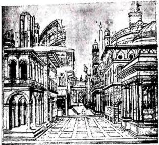 Above left: STAGE DESIGN OF A MONUMENTAL SQUARE. Drawing by G. B. Feranzi (1720-78). Above right: CLASSICAL STAGE DESIGN WITH SQUARE AND RUINS. Drawing by B. Feranzi (1481-1536) - Florence, Uffizi, Gabinetto dei disegni e delle stampe. Below left: SCENE FOR ACT I OF SIGFRIDO. Drawing by A. Appia (1862-1928). Below right: SCENE FOR THE KAFKA-GIDE TRIAL, at the Teatro dell'Università di Roma (1949). Drawing by E. Frampolini.