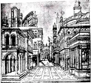 Above left: STAGE DESIGN OF A MONUMENTAL SQUARE. Drawing by G. B. Feranzi (1720-78). Above right: CLASSICAL STAGE DESIGN WITH SQUARE AND RUINS. Drawing by B. Feranzi (1481-1536) - Florence, Uffizi, Gabinetto dei disegni e delle stampe. Below left: SCENE FOR ACT I OF SIGFRIDO. Drawing by A. Appia (18