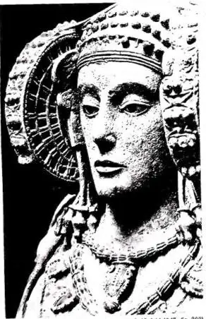 Left: THE LADY OF ELCHE. Stone sculpture of the 4th cent., found at La Alcudia - Madrid, Museo del Prado. Centre: ST. PETER AND ST. PAUL. Detail of the sculpture of the Holy Chamber (12th cent.) - Oviedo, Cathedral. Right: ST. JOHN THE BAPTIST, wooden sculpture by Pedro de Mena (1658-62) - Malaga, c