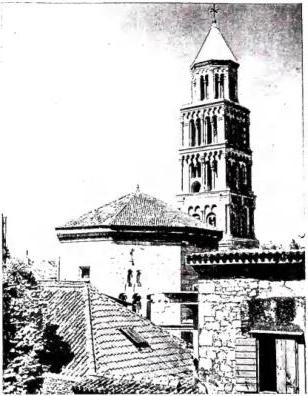 Above left: ROMANESQUE BELL TOWER OF THE CATHEDRAL, rebuilt from 1898 to 1909 - Split. Above right: PERIMETER WALLS of the Palace of Diocletian - Split. Below left: PORTAL OF THE BAPTISTERY OF THE CATHEDRAL, formerly temple of Aesculapius in the Palace of Diocletian - Split. Below right: ENTRANCE PORTAL OF THE CATHEDRAL, formerly Mausoleum of Diocletian, under the bell tower rebuilt from 1898 to 1909. In the foreground are seen the columns and arches of the peristyle, and an Egyptian sphinx - Split.