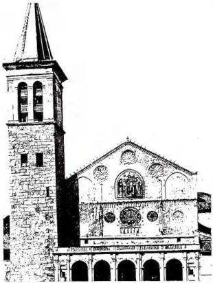 Above left: FACADE OF THE CATHEDRAL, consecrated in 1198 with portico by Ambrogio da Milano and Pippo di Antonio da Firenze (1491). The mosaic is by Solsterno (1307) - Spoleto. Above right: FACADE OF ST. PETER with sculptures and Comacine decorations (12th-13th cent.) - Spoleto. Below: TEMPIETTO OF ST. SALVATORE (5th cent.) near the sources of the Clitunno - Spoleto.