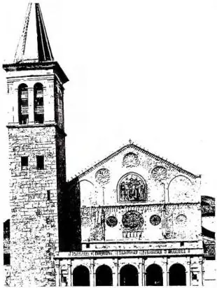 Above left: FACADE OF THE CATHEDRAL, consecrated in 1198 with portico by Ambrogio da Milano and Pippo di Antonio da Firenze (1491). The mosaic is by Solsterno (1307) - Spoleto. Above right: FACADE OF ST. PETER with sculptures and Comacine decorations (12th-13th cent.) - Spoleto. Below: TEMPIETTO OF 
