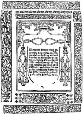 Above left: TITLE PAGE OF THE «DOTRINA BREVE» compiled by the first bishop of Mexico Juan Zumarraga and published, as read in the colophon, on 14 June 1544 in the city of Tenochtilan (Mexico). It is the first book printed in Mexico. Above right: TITLE PAGE OF THE DOCTRINA CHRISTIANA en letra y lengua china compuesta por los Padres Ministros de los Sangleyes, de la Orden de S. Domingo, Manila 1593. It is the first book printed in the Philippines - Copy from the Vatican Library. Below left: TITLE PAGE OF THE CONFESSORE ISTRUITO NELLE SANTE LEGGI by Father Master Gerolamo Panormitano O. P., translated into the language of Bosnia by Father Stefano Matenica O. F. M., printed in Rome in 1630. Copy from the Library of the S. Congr. de Propaganda Fide - Rome. Below right: TITLE PAGE OF THE SEPTEM HORÆ CANONICÆ in Arabic, Fano, by the types of Gregorio de Gregoris, 1514. Copy from the Library of the S. Congr. de Propaganda Fide - Rome.
