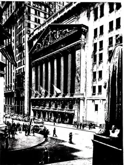Left: WALL STREET, with the « New York Stock Exchange » (1792) - New York. Right: PHILADELPHIA CITY HALL (Pennsylvania), seen from Broad Street. Above, the statue of William Penn.