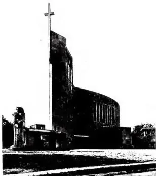 Above left: EXTERIOR OF THE CHURCH OF S. FRANCESCO SAVERIO, architect Barry Byrne - Kansas City (Missouri). Above right: EXTERIOR OF PARK STREET CHURCH (1809) - Boston. Below: INTERIOR OF THE CHURCH OF S. COLUMBA, architect Barry Byrne - Saint Paul (Minnesota).