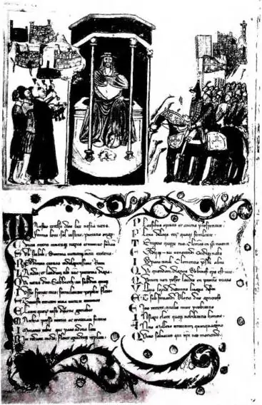 Left: CARD. ALBORNOZ RECEIVES THE PENTAPOLI IN DEDICATION. Below, verses in honour of Albornoz, card. of S. Sabina, and of Blasco Armando Belvuso, rector of the Marca in 1355. Miniature prefixed to the Registrum Recognitiorum et Iuramentorum Fidelitatis Civitatum in Provincia Marche Anconitate sub I
